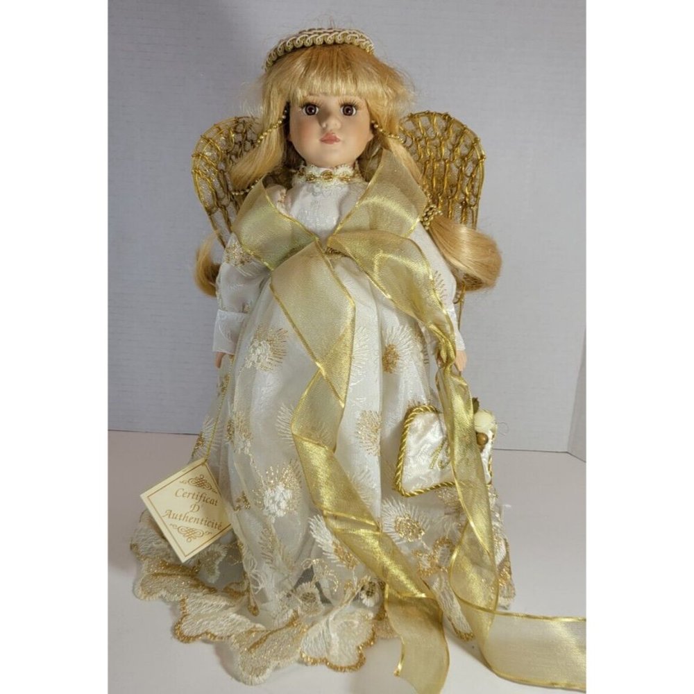 Vintage Fine Bisque Collectible Porcelain Angel Doll w/Doll Stand, Cert of Auth